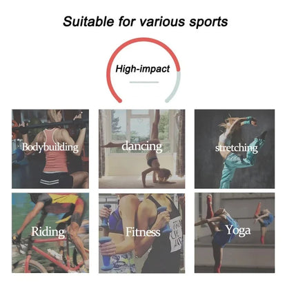 Padded cross-back sports bra high-impact support shown with activity photo collage