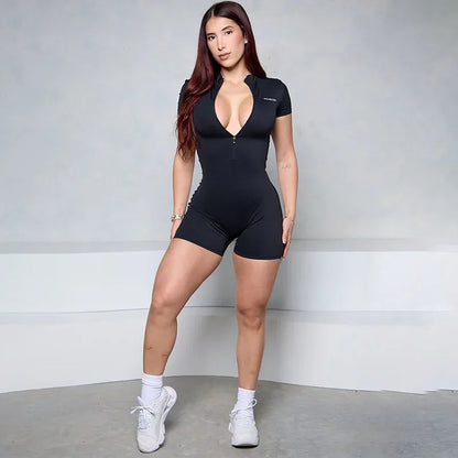 Black fitted short-sleeve zipper romper with deep V neckline and short legs