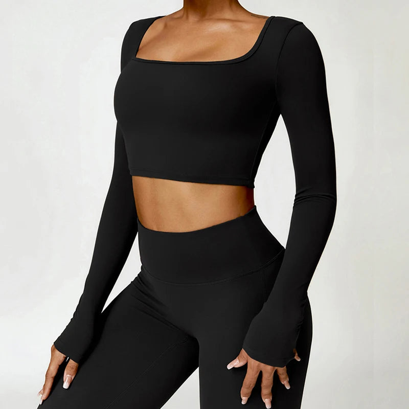 Women's Square Neck Long Sleeve Crop Top - Slim Fit Athletic Yoga & Gym Shirt