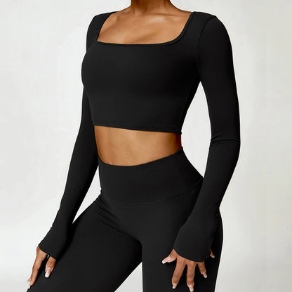 Women's Square Neck Long Sleeve Crop Top - Slim Fit Athletic Yoga & Gym Shirt