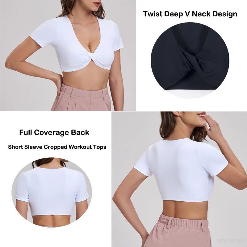 Twist Deep V Crop Tank Top - Women’s Short Sleeve Workout Crop Top with Padded Sports Bra