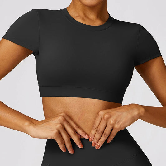 Women’s Open Back Tee Crop Top - Removable Pad Backless Workout Gym Shirt