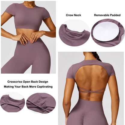 Women’s Open Back Tee Crop Top - Removable Pad Backless Workout Gym Shirt