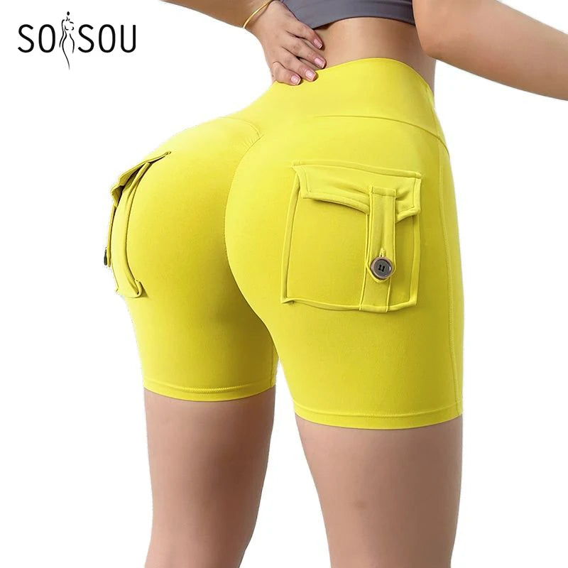 SOISOU Tight Women's Shorts Sexy Cycling Shorts Elastic High Waist Shorts Back Pockets Breathable Sport Shorts ropa de mujer