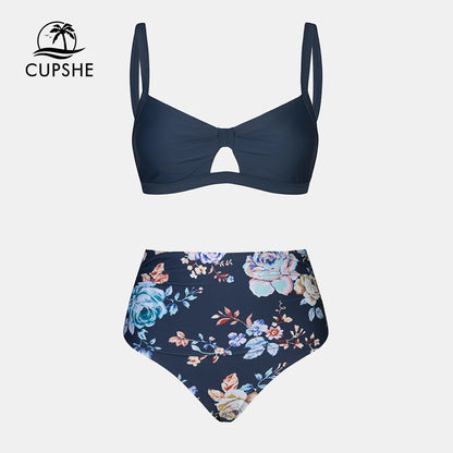 CUPSHE Cut Out Back Tie High Waist Bikini Sets Swimsuit Women Blue Floral