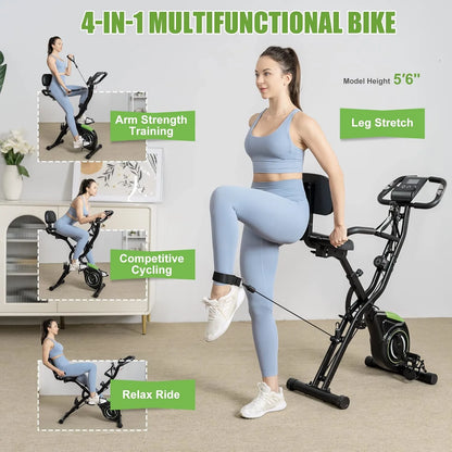 Multifunctional bike with a woman using it for arm strength training, leg stretch, competitive cycling, and relax ride.