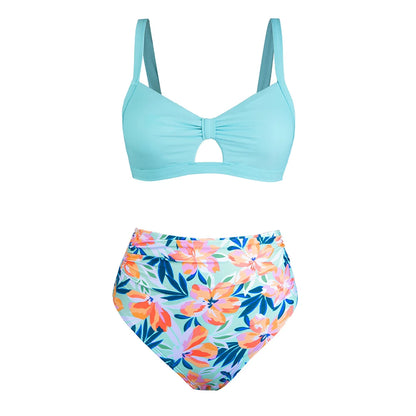 CUPSHE Cut Out Back Tie High Waist Bikini Sets Swimsuit Women Blue Floral