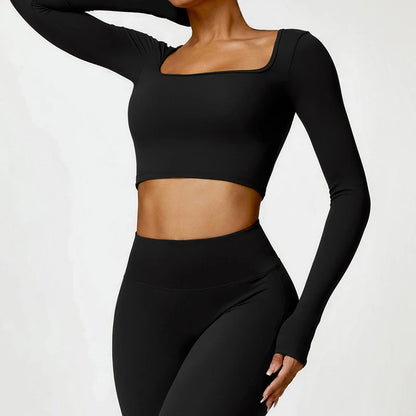 Women's Square Neck Long Sleeve Crop Top - Slim Fit Athletic Yoga & Gym Shirt