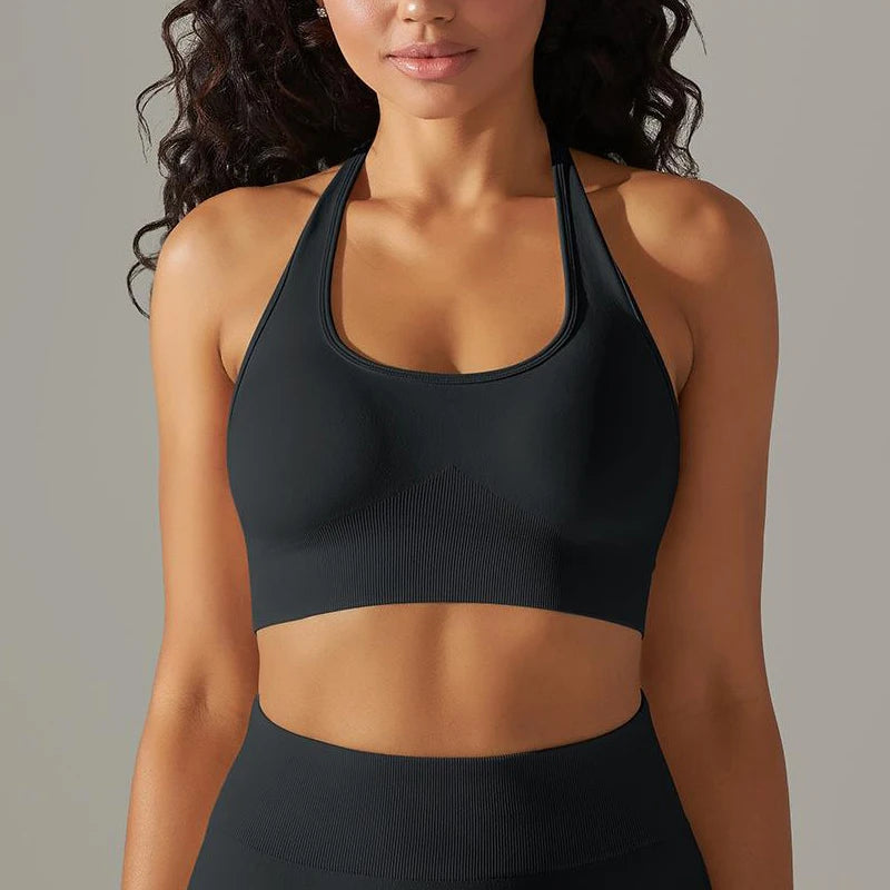 Women’s Seamless Halter Sports Bra - Padded Backless Workout Crop Top with Removable Cups