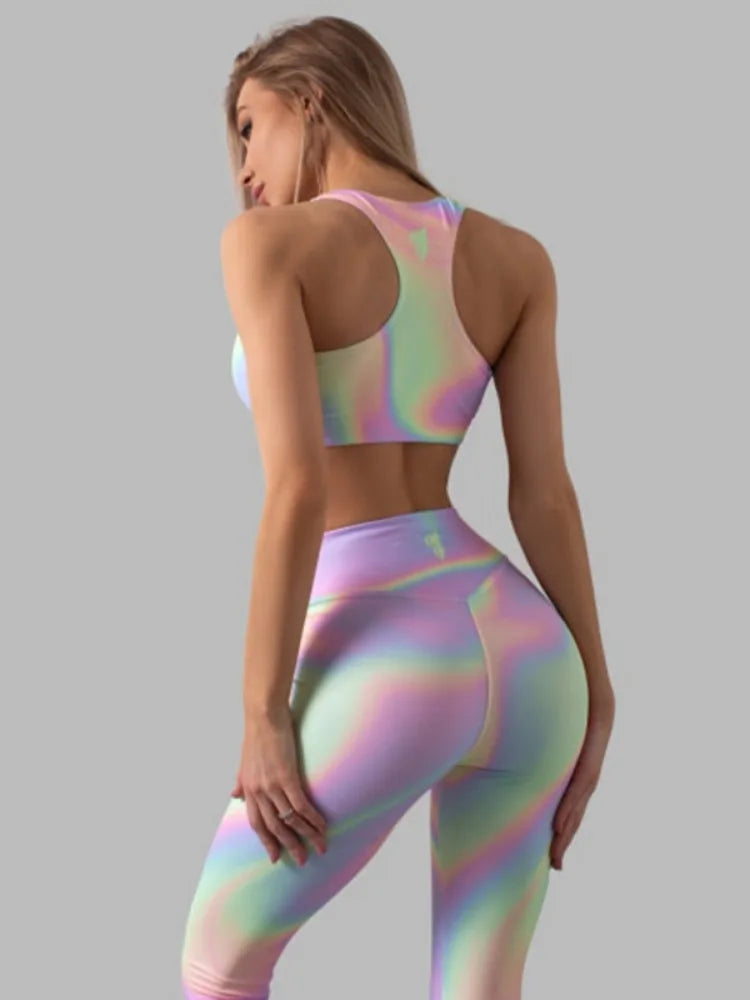 Rainbow Gradient Printed Hip-Lifting Yoga Fitness Set - Tank and Leggings