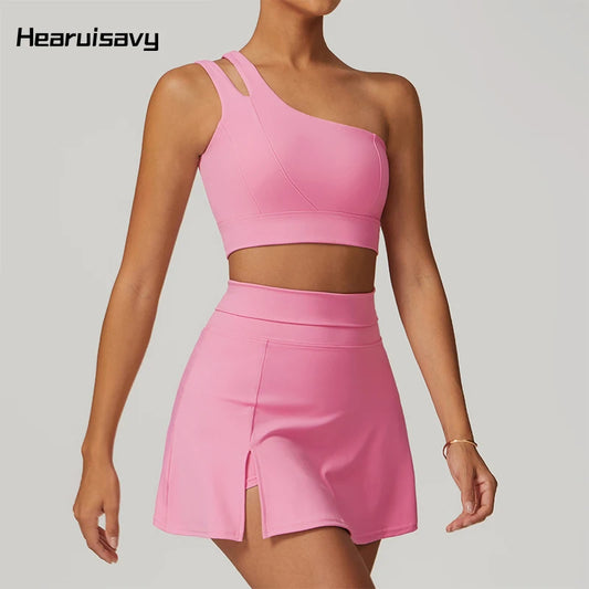 Hearuisavy 2pc Sports Skirt Suit Outdoor Leisure Single Shoulder Bra Suit Quick Drying Yoga Clothes Tennis Set Yoga Skirt Sets