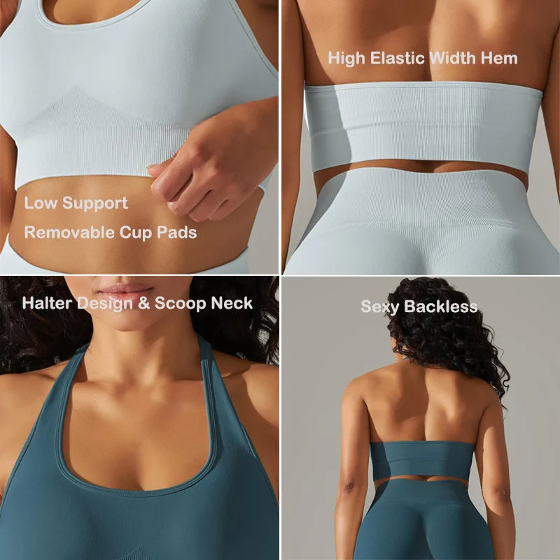 Women’s Seamless Halter Sports Bra - Padded Backless Workout Crop Top with Removable Cups