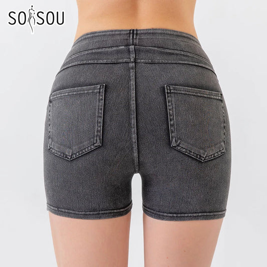 SOISOU Denim Shorts Gym Wear High Waist Breathable Elastic Soft 4 Pockets High Quality Women's Shorts