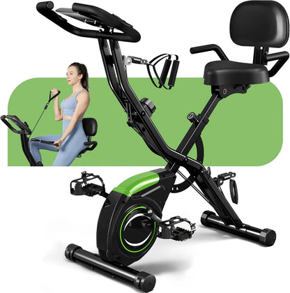Exercise bike with a woman using it on a white background