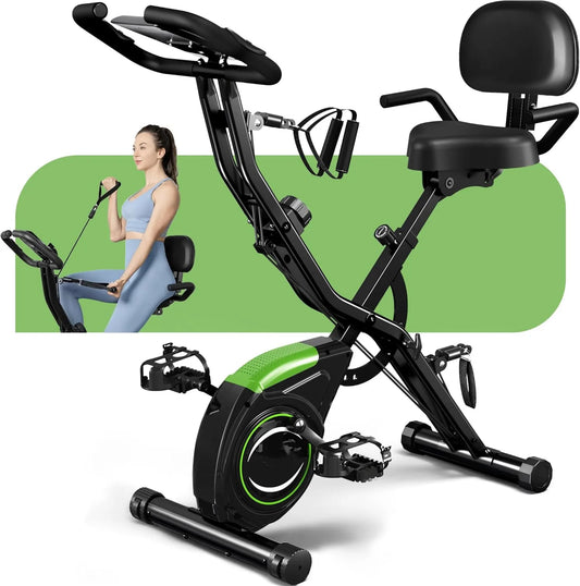 Exercise bike with a woman using it on a white background