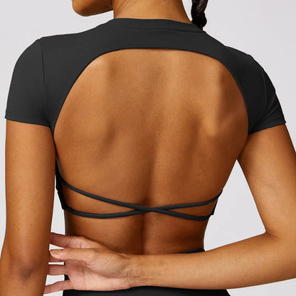 Women’s Open Back Tee Crop Top - Removable Pad Backless Workout Gym Shirt