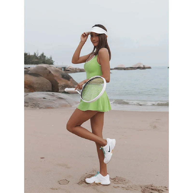 One-piece Sports Dress - Slim Fit Tennis Suit Hollow Waist Mini Dress for Women Outdoor Running Fitness Dresses