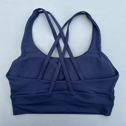 Navy cross-back padded sports bra with crisscross racer back straps