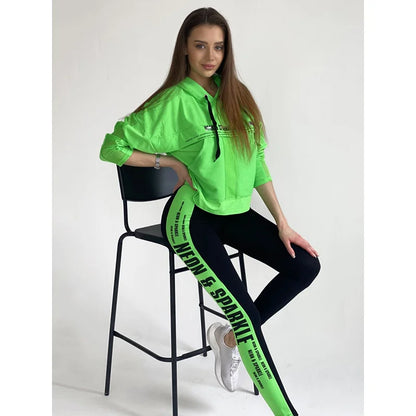 Gymdolphins Women Sweatshirt Set Loose Fit Hooded Top and Letter Printed Contrast Color High Waisted Pants Fashion Fitness Suit