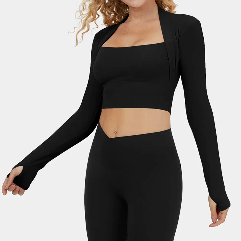 Long Sleeve Athletic Crop Top - Women’s Compression Yoga Shirt with Padded Pullover and Square Neck