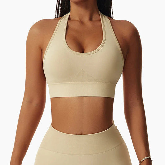 Women’s Seamless Halter Sports Bra - Padded Backless Workout Crop Top with Removable Cups