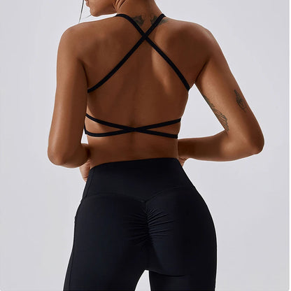 Backless Strappy Workout Sports Bra - Women’s Removable Padded Light Support Gym & Yoga Crop Bra