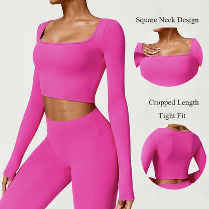 Women's Square Neck Long Sleeve Crop Top - Slim Fit Athletic Yoga & Gym Shirt