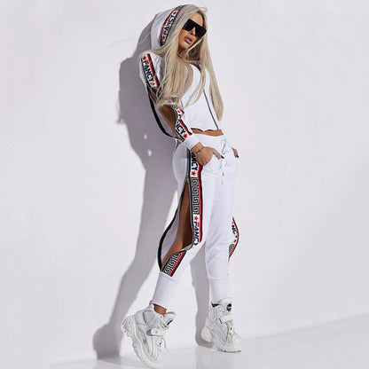 Loose Fit Hooded Sports Suit for Women - Top & Elastic Waist Split-Side Sweatpants