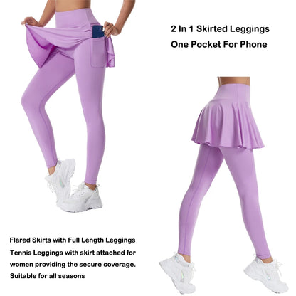 High-Waisted Tennis Skirted Leggings with Pocket - Women’s Active Skort