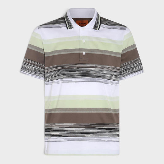 Men's striped polo shirt with banded collar, short sleeves, button placket (green, brown, white)