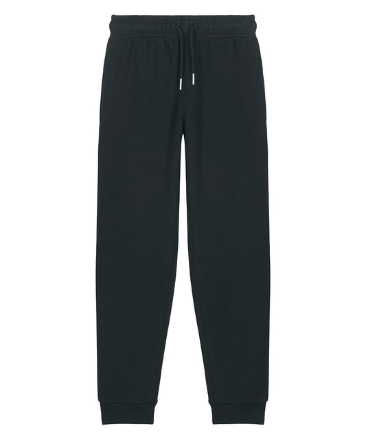 Kids black jogger pants with elastic waistband, drawstring, and cuffed hems