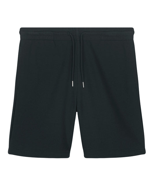 Black jogger-style shorts with elastic waistband and drawstring ties