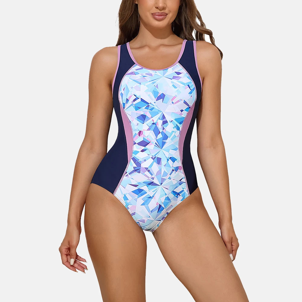 Attraco Women Sports One-piece Full Lining Racerback Unique Print Swimwear Pull on