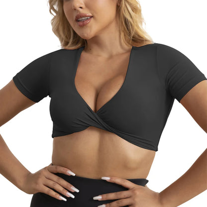 Twist Deep V Crop Tank Top - Women’s Short Sleeve Workout Crop Top with Padded Sports Bra