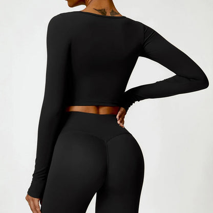 Women's Square Neck Long Sleeve Crop Top - Slim Fit Athletic Yoga & Gym Shirt