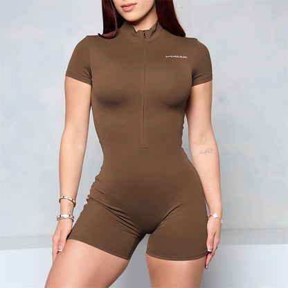 Cocoa brown zip-front short-sleeve romper, fitted one-piece workout bodysuit