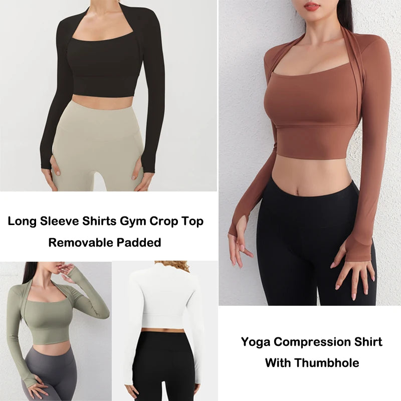 Long Sleeve Athletic Crop Top - Women’s Compression Yoga Shirt with Padded Pullover and Square Neck