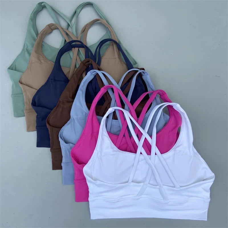 Padded cross-back sports bra, assorted colors set with crisscross back straps