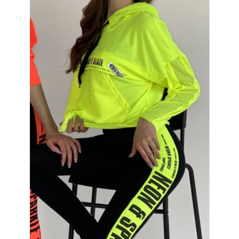 Gymdolphins Women Sweatshirt Set Loose Fit Hooded Top and Letter Printed Contrast Color High Waisted Pants Fashion Fitness Suit