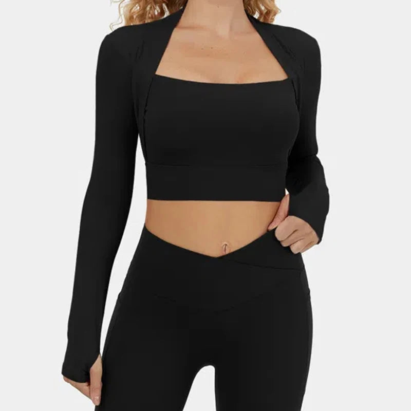 Long Sleeve Athletic Crop Top - Women’s Compression Yoga Shirt with Padded Pullover and Square Neck