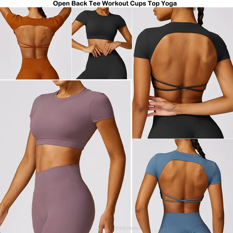 Women’s Open Back Tee Crop Top - Removable Pad Backless Workout Gym Shirt