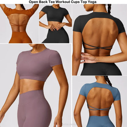 Women’s Open Back Tee Crop Top - Removable Pad Backless Workout Gym Shirt