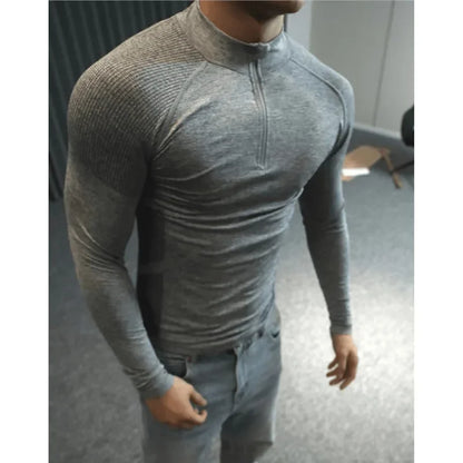 Men's Seamless Jacquard Zipper Long Sleeve Quick Drying Slim Fit T-Shirt