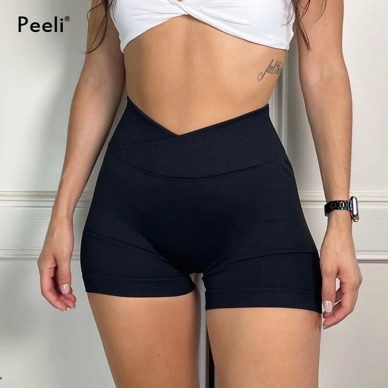 V Cross Waist Yoga Shorts Women Clothing Scrunch Butt Gym Shorts Booty Biker Shorts Push Up Seamless Shorts Workout Leggings