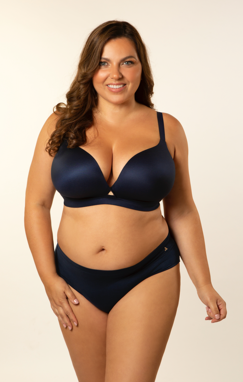 Navy push-up bra with molded cups and adjustable straps, paired with bikini briefs