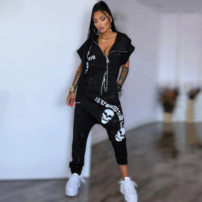 Black Loose Outdoor Sportswear Casual Short Sleeves Jumpsuit for Women