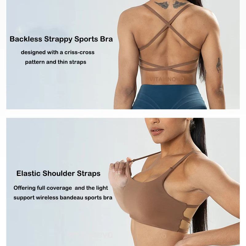 Backless Strappy Workout Sports Bra - Women’s Removable Padded Light Support Gym & Yoga Crop Bra