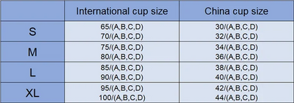Sports bra size chart table with international and China cup size ranges