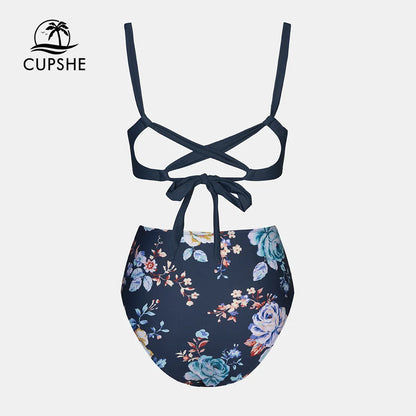 CUPSHE Cut Out Back Tie High Waist Bikini Sets Swimsuit Women Blue Floral