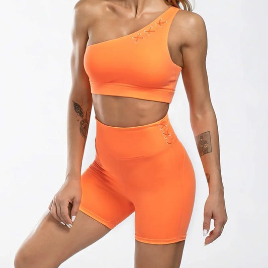 Women's Active Wear One Shoulder Top Sport Short Pants Set